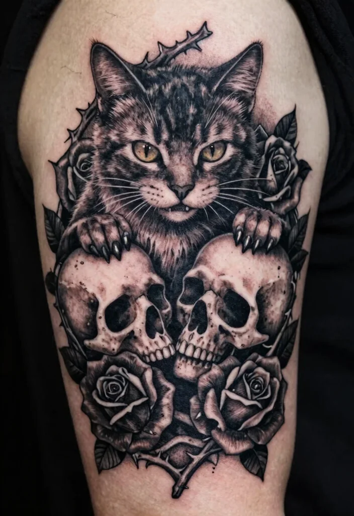 15 Creepy Cat Tattoo Ideas With Dark Aesthetic - 4. Creepy Cat With Skulls 1