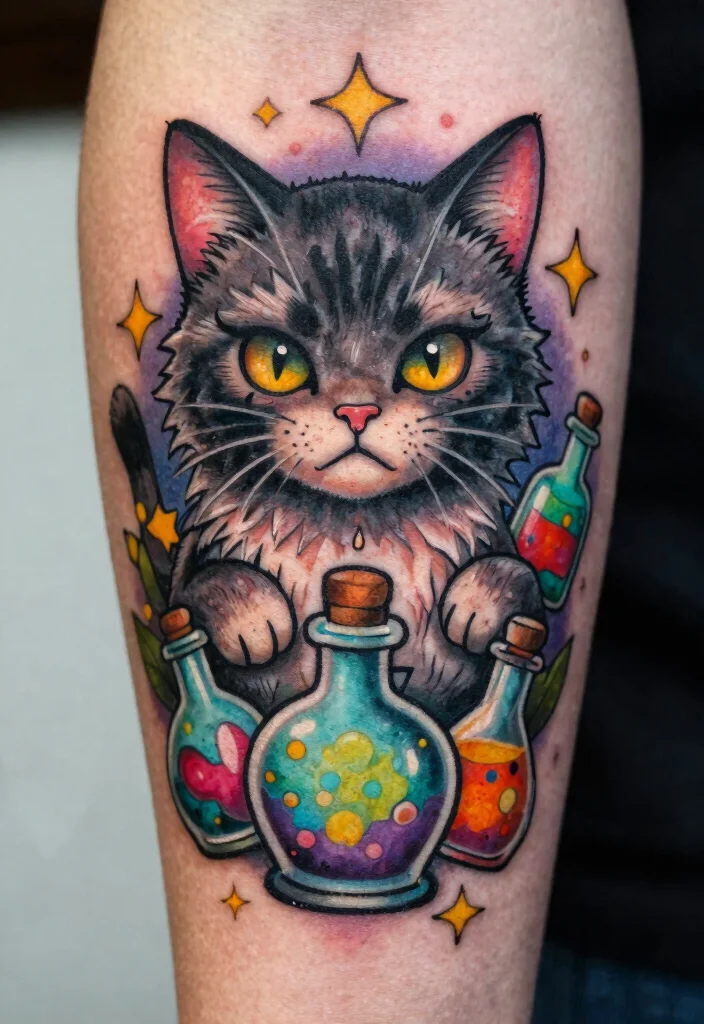 15 Creepy Cat Tattoo Ideas With Dark Aesthetic - 5. Whimsical Creepy Cats 1