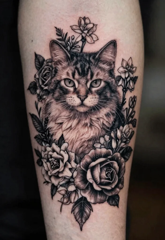 15 Creepy Cat Tattoo Ideas With Dark Aesthetic - 6. Cat with Gothic Flowers 1