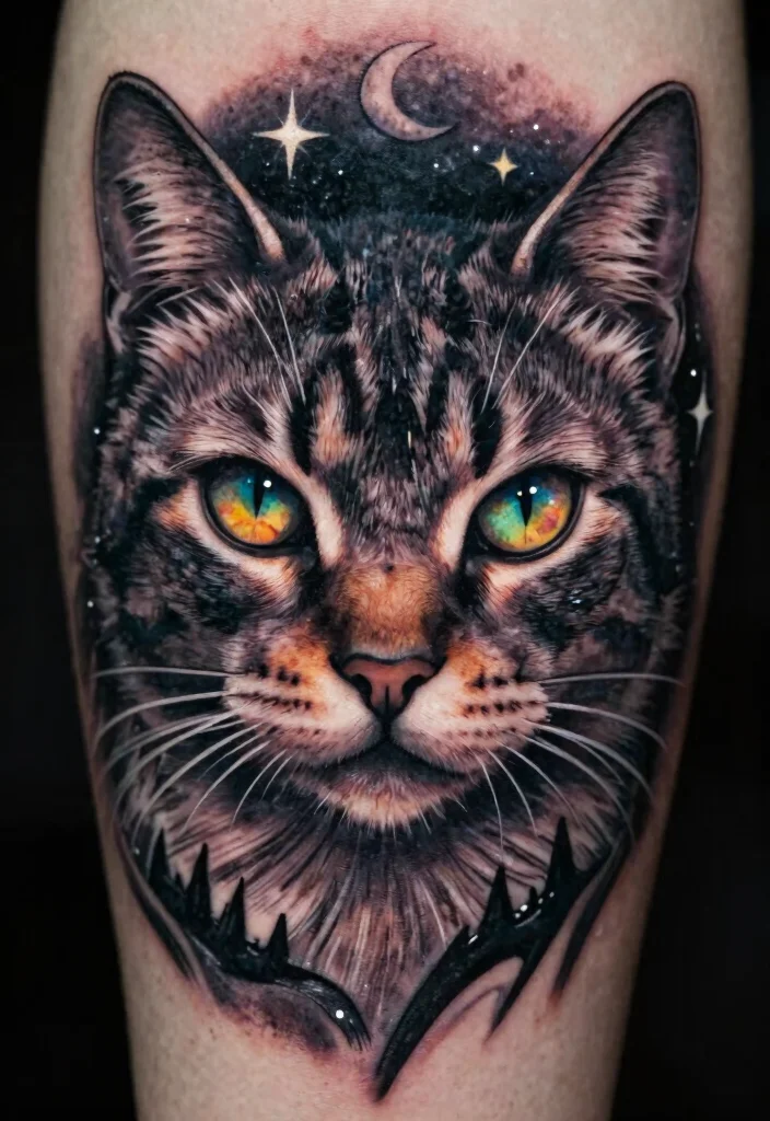15 Creepy Cat Tattoo Ideas With Dark Aesthetic - 7. Eerie Eyes and Cat Gaze 1