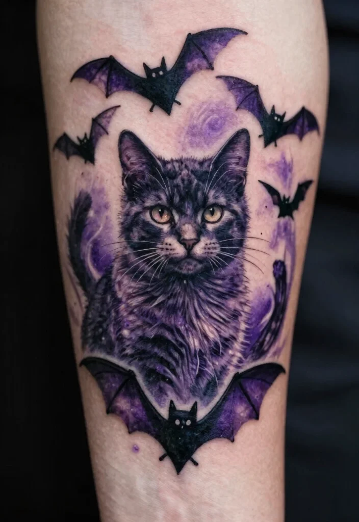 15 Creepy Cat Tattoo Ideas With Dark Aesthetic - 8. Creepy Cat and Bats 1