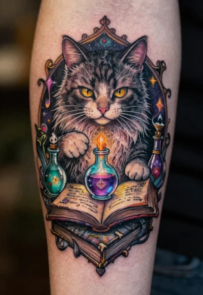 15 Creepy Cat Tattoo Ideas With Dark Aesthetic - 9. Magical Potion Cat 1