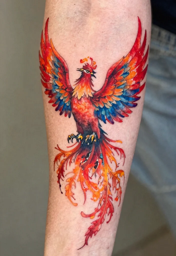 15 Phoenix Arm Tattoo Ideas With Fiery Rebirth 14 15 Phoenix Arm Tattoo Ideas With Fiery Rebirth - 4. Watercolor Wonder 1
