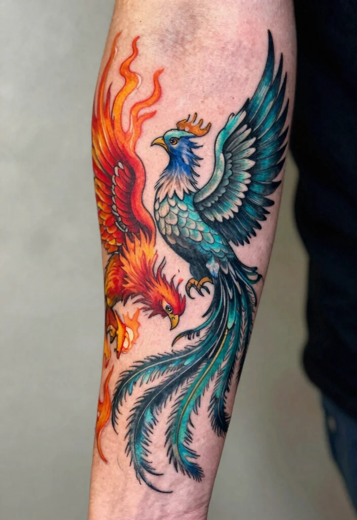 15 Phoenix Arm Tattoo Ideas With Fiery Rebirth 28 15 Phoenix Arm Tattoo Ideas With Fiery Rebirth - 8. Duality Design 1