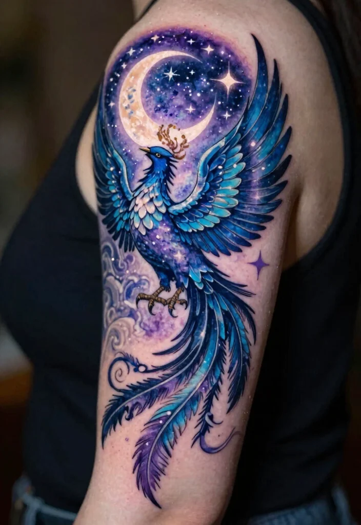 15 Phoenix Arm Tattoo Ideas With Fiery Rebirth 29 15 Phoenix Arm Tattoo Ideas With Fiery Rebirth - 9. Celestial Phoenix 1