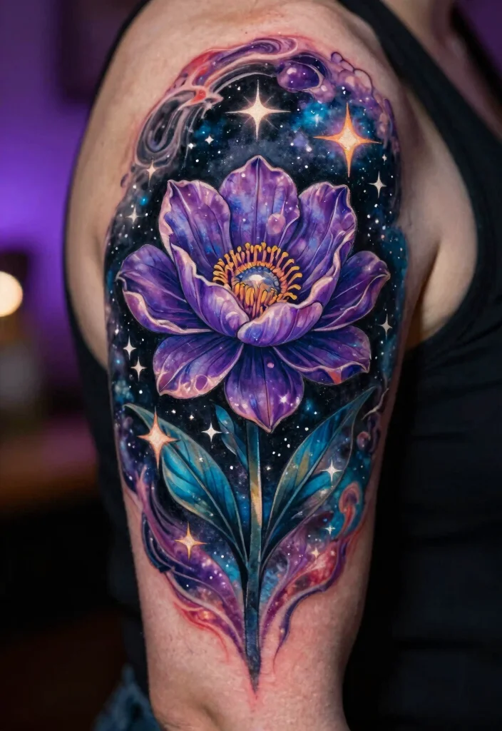 15 Queen of the Night Flower Tattoo Ideas With Mystical Beauty 2 15 Queen of the Night Flower Tattoo Ideas With Mystical Beauty - 2. Vibrant Queen of the Night Flower with Galaxy Elements 1