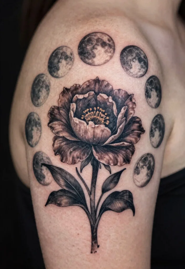15 Queen of the Night Flower Tattoo Ideas With Mystical Beauty 17 15 Queen of the Night Flower Tattoo Ideas With Mystical Beauty - 7. Queen of the Night Flower with Moon Phases 1