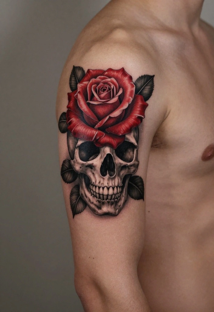 15 Rose Arm Tattoo Men Ideas With Timeless Masculine Style - 11. Rose and Skull Combo 1