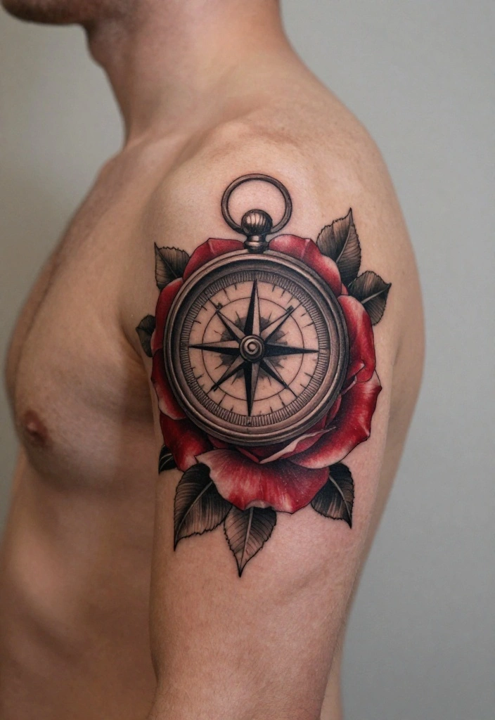 15 Rose Arm Tattoo Men Ideas With Timeless Masculine Style - 12. Rose and Compass Tattoo 1