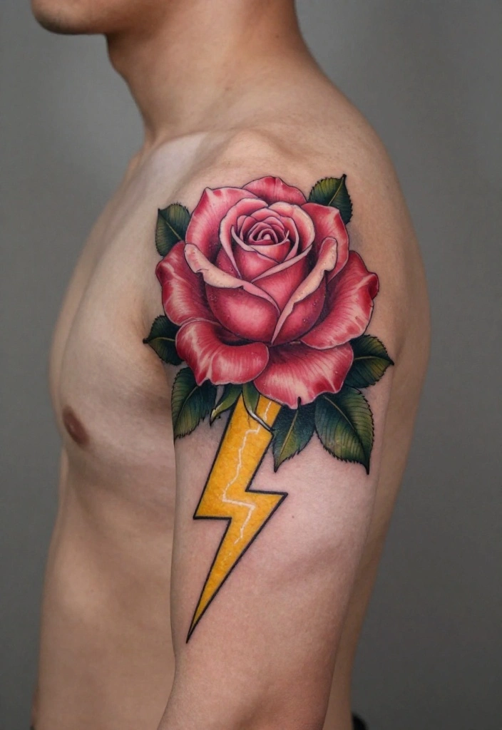 15 Rose Arm Tattoo Men Ideas With Timeless Masculine Style - 13. Rose and Lightning Bolt 1