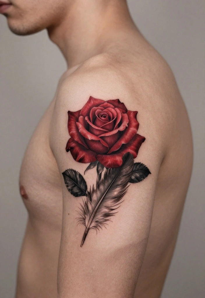15 Rose Arm Tattoo Men Ideas With Timeless Masculine Style - 14. Rose with a Feather 1