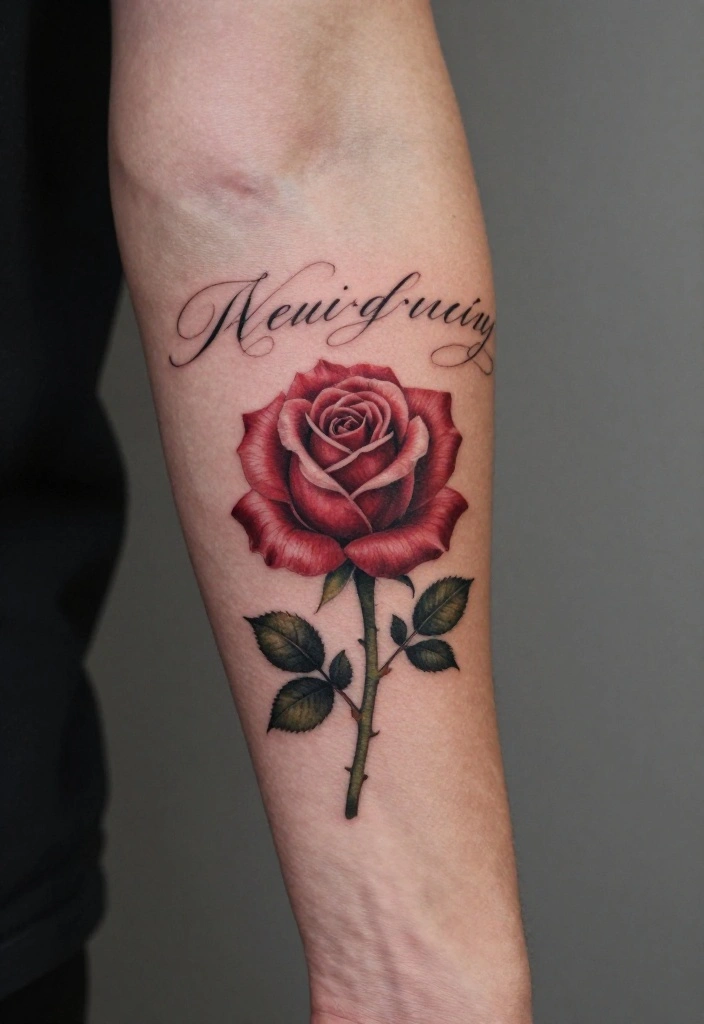 15 Rose Arm Tattoo Men Ideas With Timeless Masculine Style - 15. Vintage Script Rose Tattoo 1