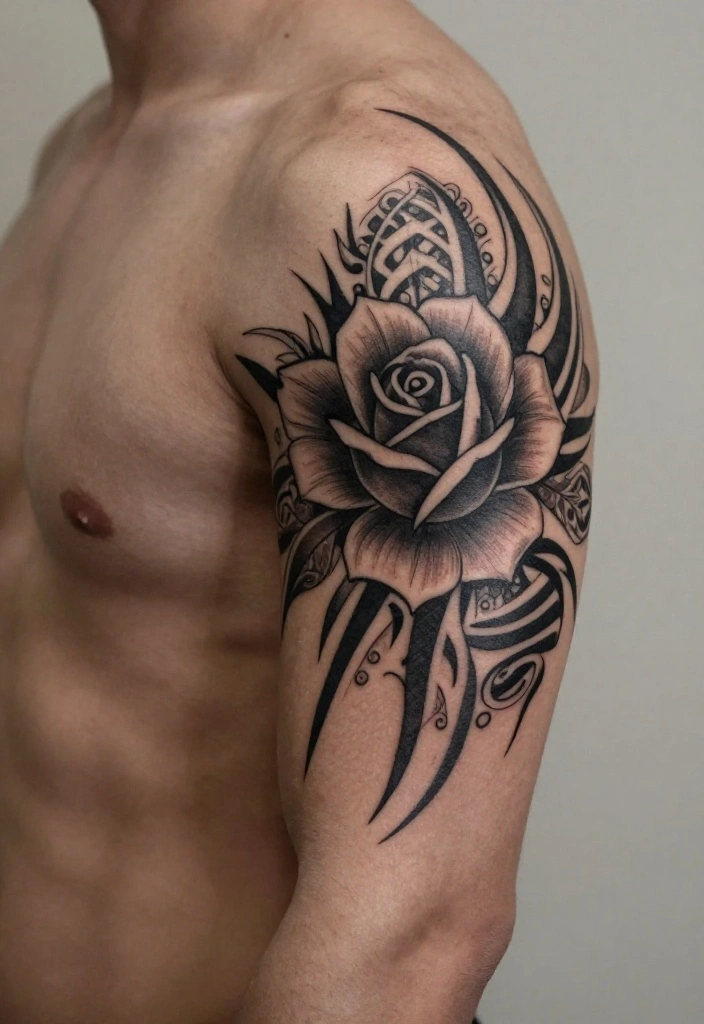 15 Rose Arm Tattoo Men Ideas With Timeless Masculine Style - 7. Tribal Rose Tattoo 1