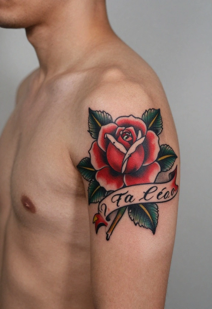15 Rose Arm Tattoo Men Ideas With Timeless Masculine Style - 9. Rose with Banner 1