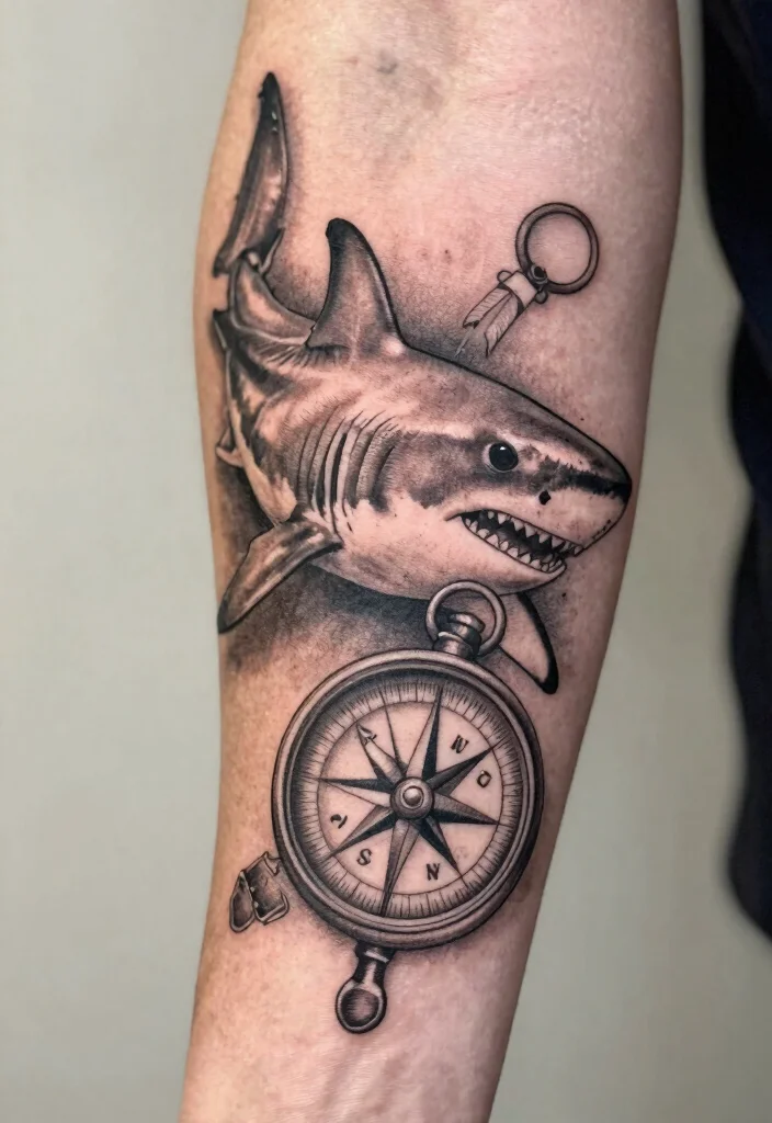 15 Small Shark Tattoo Simple Ideas With Fine Lines - 10. Shark and Compass Tattoo 1