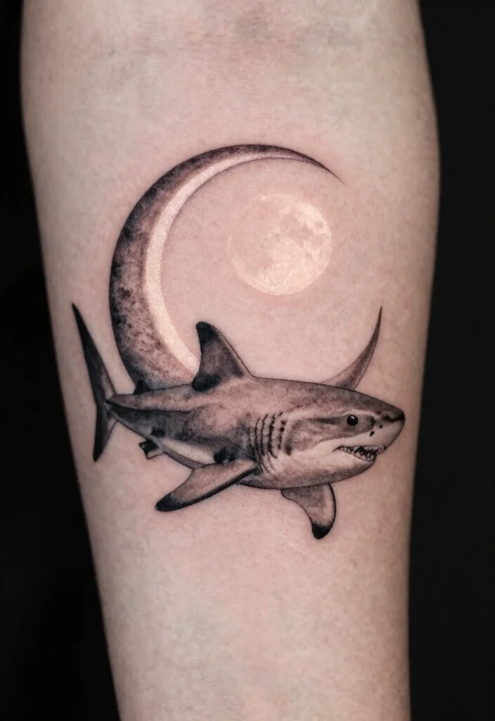 15 Small Shark Tattoo Simple Ideas With Fine Lines - 11. Shark in the Moonlight 1
