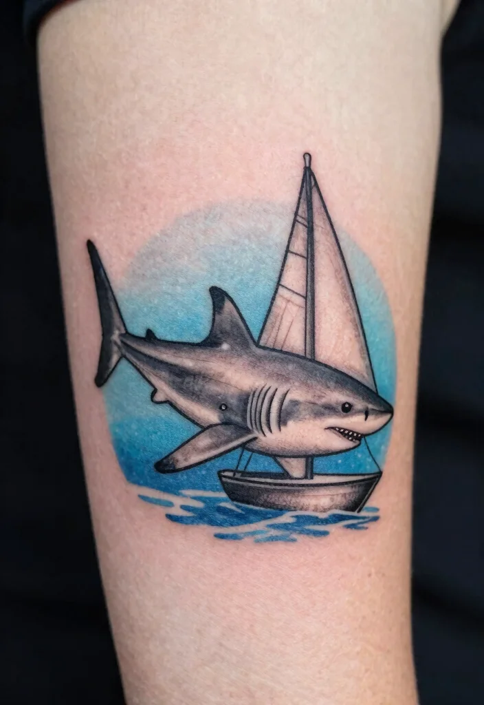 15 Small Shark Tattoo Simple Ideas With Fine Lines - 12. Shark and Sailboat Tattoo 1