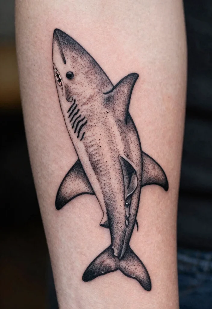 15 Small Shark Tattoo Simple Ideas With Fine Lines - 13. Shark Outline with Dotwork 1