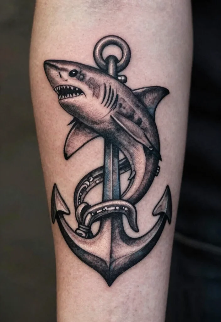 15 Small Shark Tattoo Simple Ideas With Fine Lines - 14. Shark and Anchor Tattoo 1