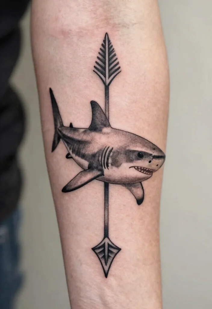 15 Small Shark Tattoo Simple Ideas With Fine Lines - 15. Shark and Arrow Tattoo 1