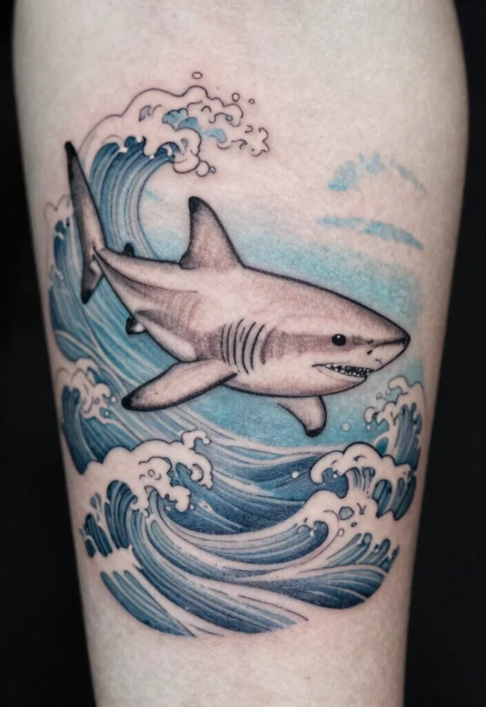 15 Small Shark Tattoo Simple Ideas With Fine Lines - 2. Fine Line Shark with Waves 1