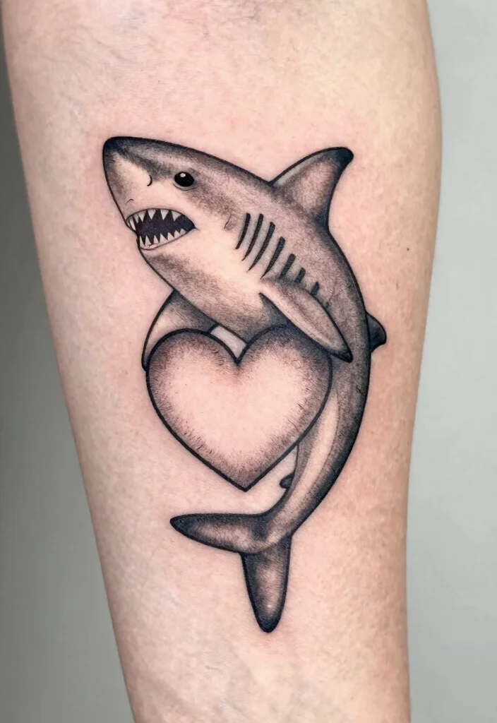 15 Small Shark Tattoo Simple Ideas With Fine Lines - 5. Shark and Heart Combination 1