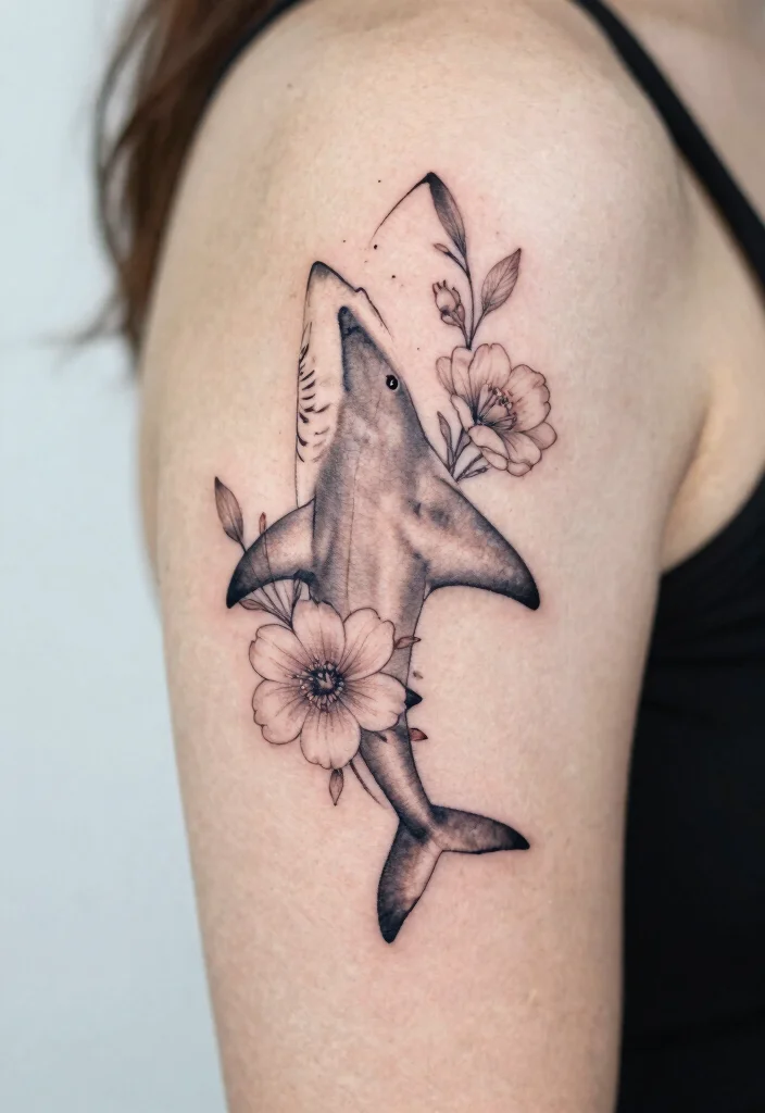 15 Small Shark Tattoo Simple Ideas With Fine Lines - 6. Minimalist Shark with Flowers 1