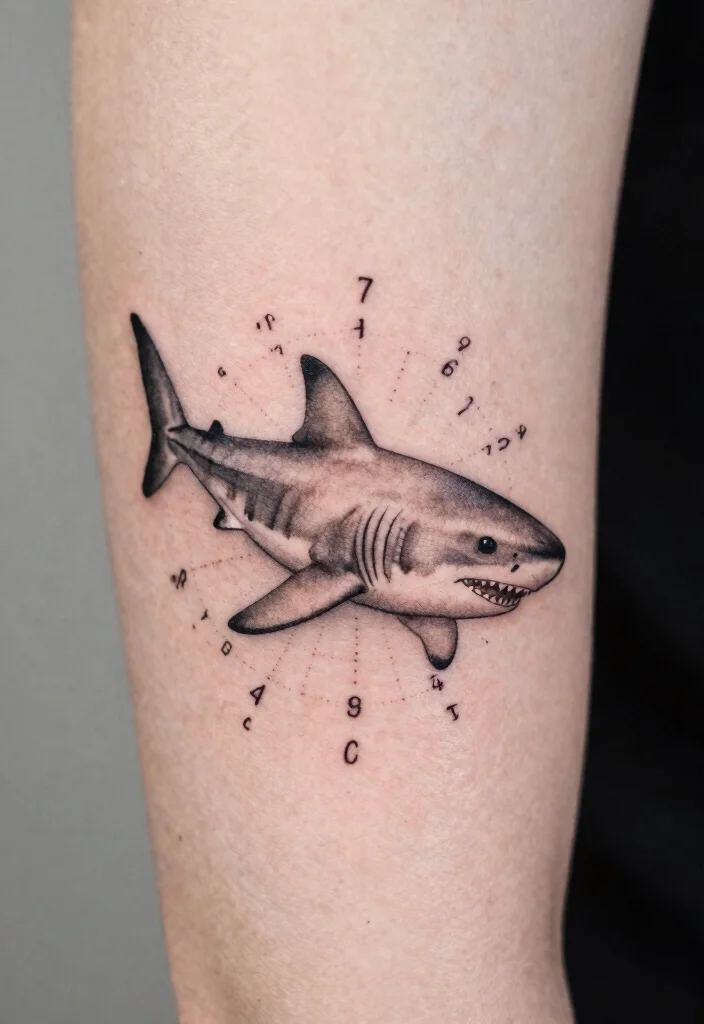 15 Small Shark Tattoo Simple Ideas With Fine Lines - 9. Shark with Coordinates 1