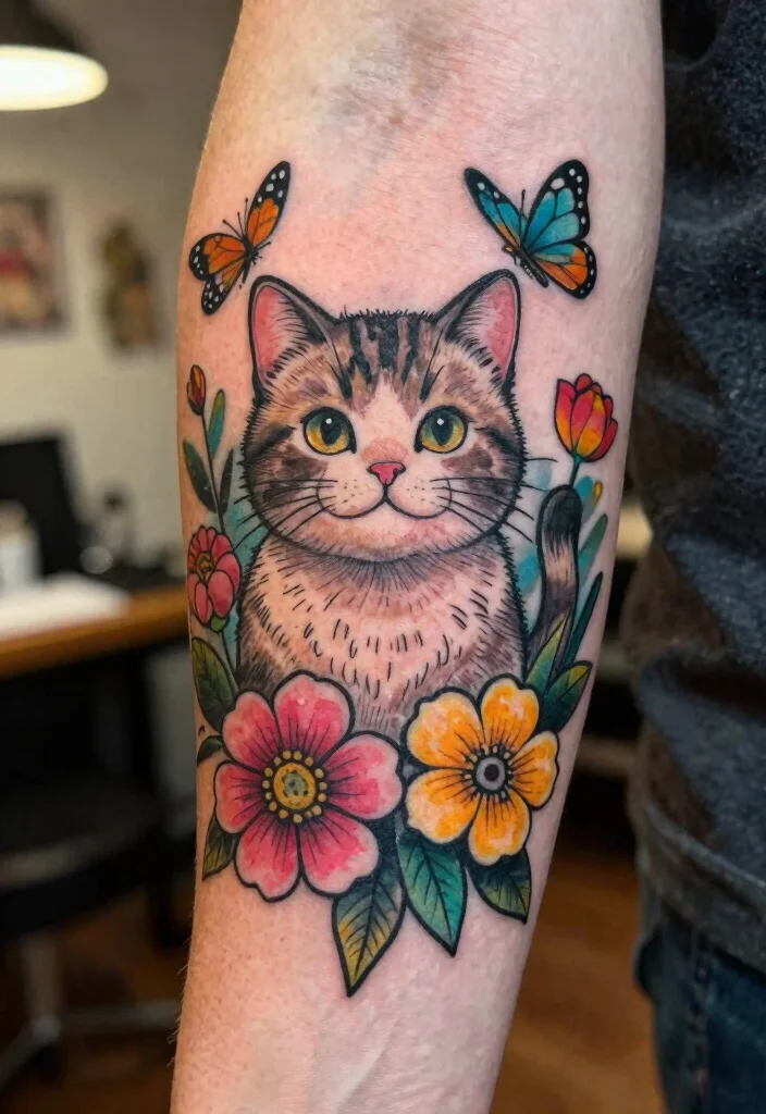 15 Traditional Cat Tattoo Ideas With Vintage Charm - 1. Playful Cat with Flowers 1