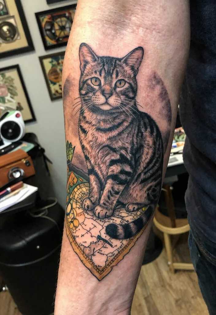 15 Traditional Cat Tattoo Ideas With Vintage Charm - 10. Cat with a Vintage Map 1