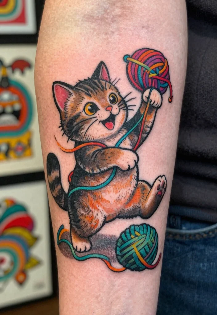 15 Traditional Cat Tattoo Ideas With Vintage Charm - 11. Vintage Cat Playing with Yarn 1
