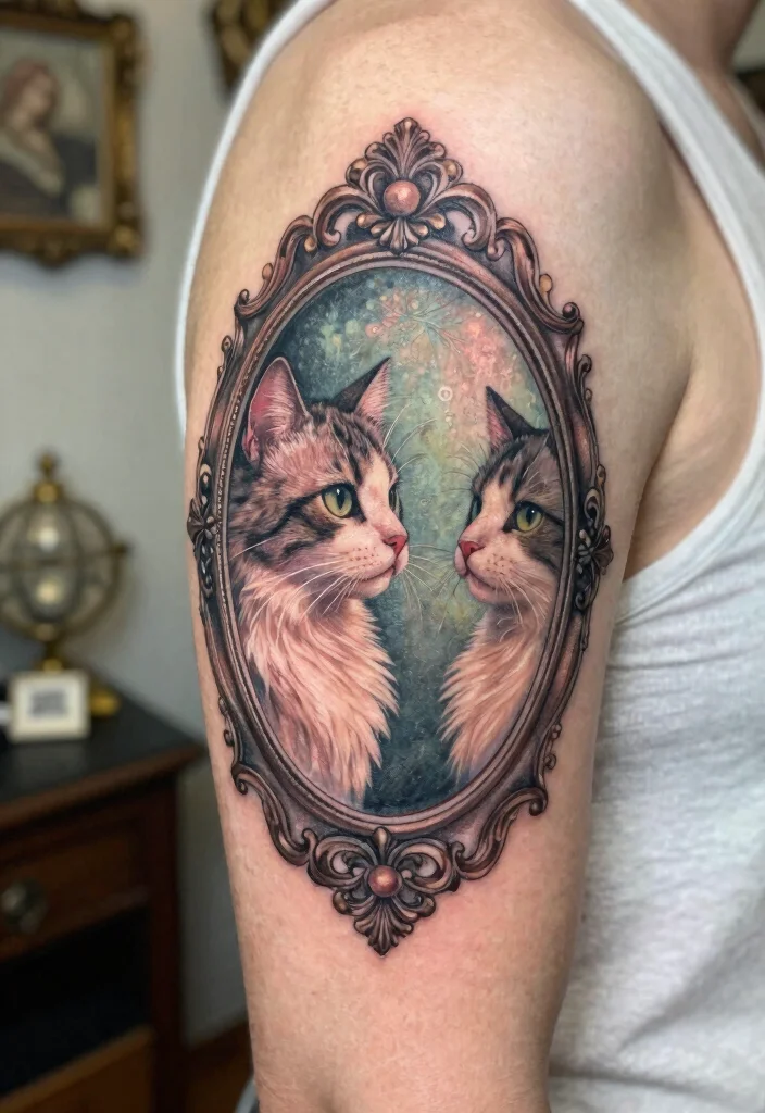 15 Traditional Cat Tattoo Ideas With Vintage Charm - 12. Cat with a Vintage Mirror 1