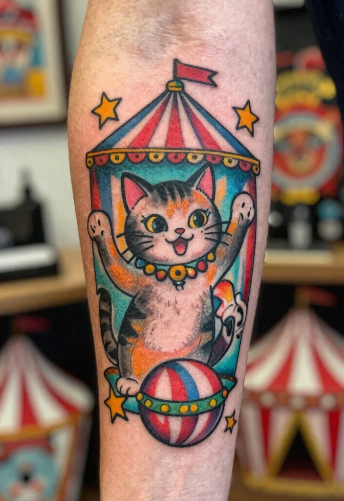 15 Traditional Cat Tattoo Ideas With Vintage Charm - 13. Cat with a Vintage Circus Theme 1