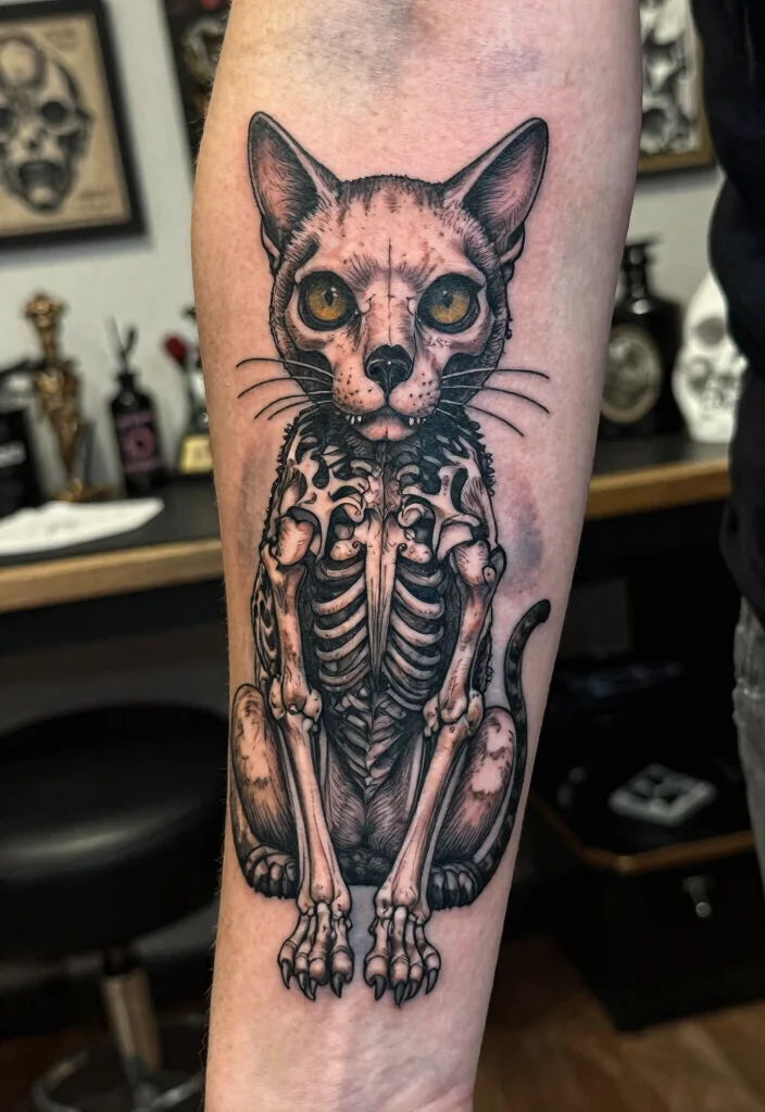 15 Traditional Cat Tattoo Ideas With Vintage Charm - 14. Antique Cat Skeleton 1