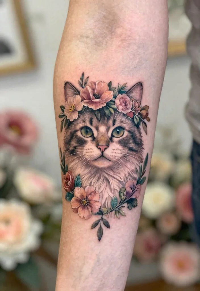 15 Traditional Cat Tattoo Ideas With Vintage Charm - 15. Cat with Vintage Floral Crown 1