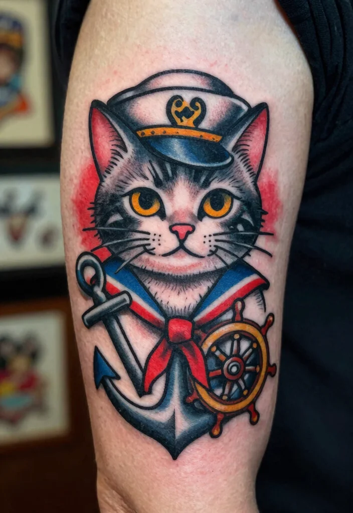 15 Traditional Cat Tattoo Ideas With Vintage Charm - 3. Retro Sailor Cat 1