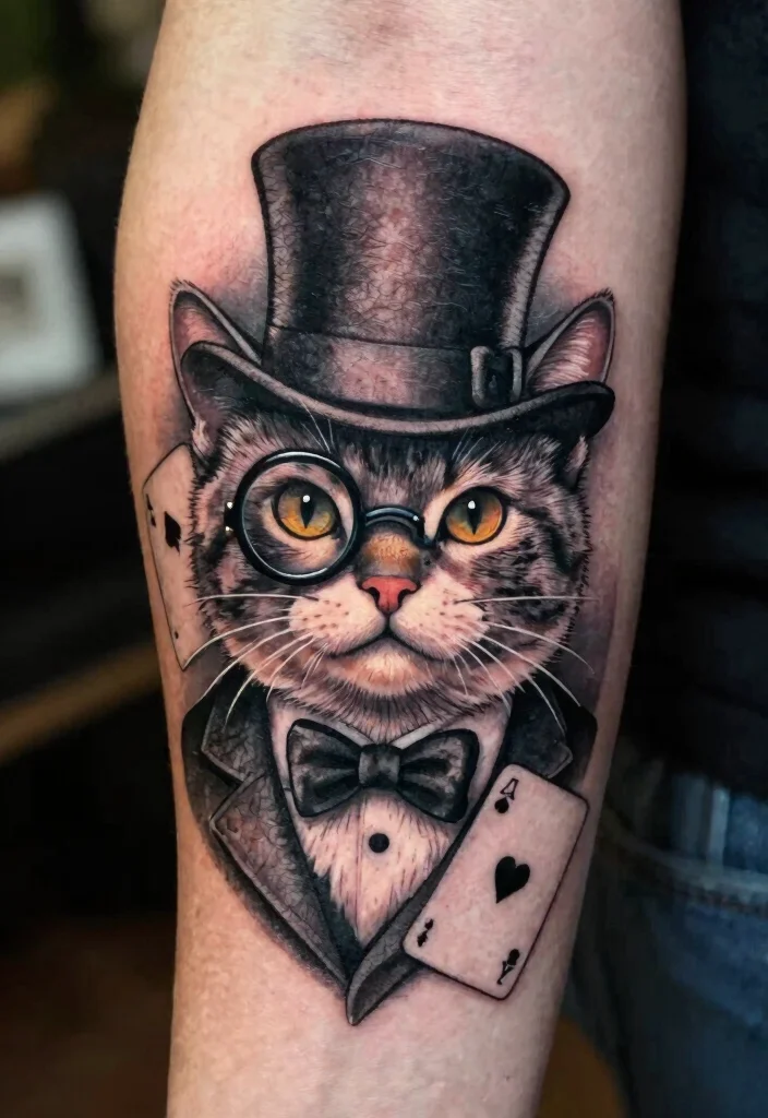 15 Traditional Cat Tattoo Ideas With Vintage Charm - 4. Cat in a Top Hat 1