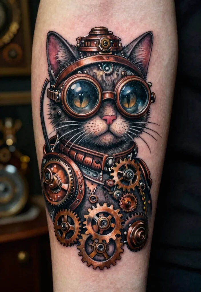 15 Traditional Cat Tattoo Ideas With Vintage Charm - 6. Steampunk Cat Design 1