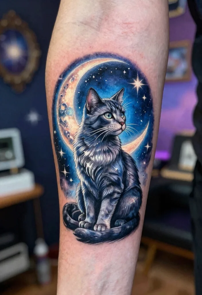 15 Traditional Cat Tattoo Ideas With Vintage Charm - 7. Cat and Moon Design 1