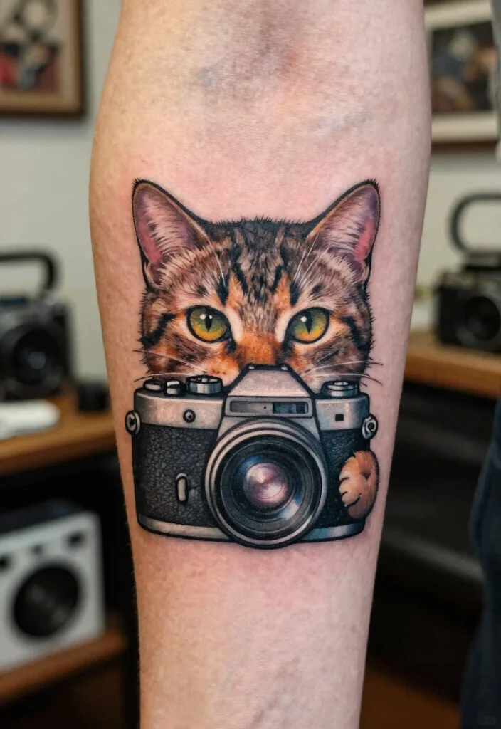 15 Traditional Cat Tattoo Ideas With Vintage Charm - 8. Cat with a Vintage Camera 1