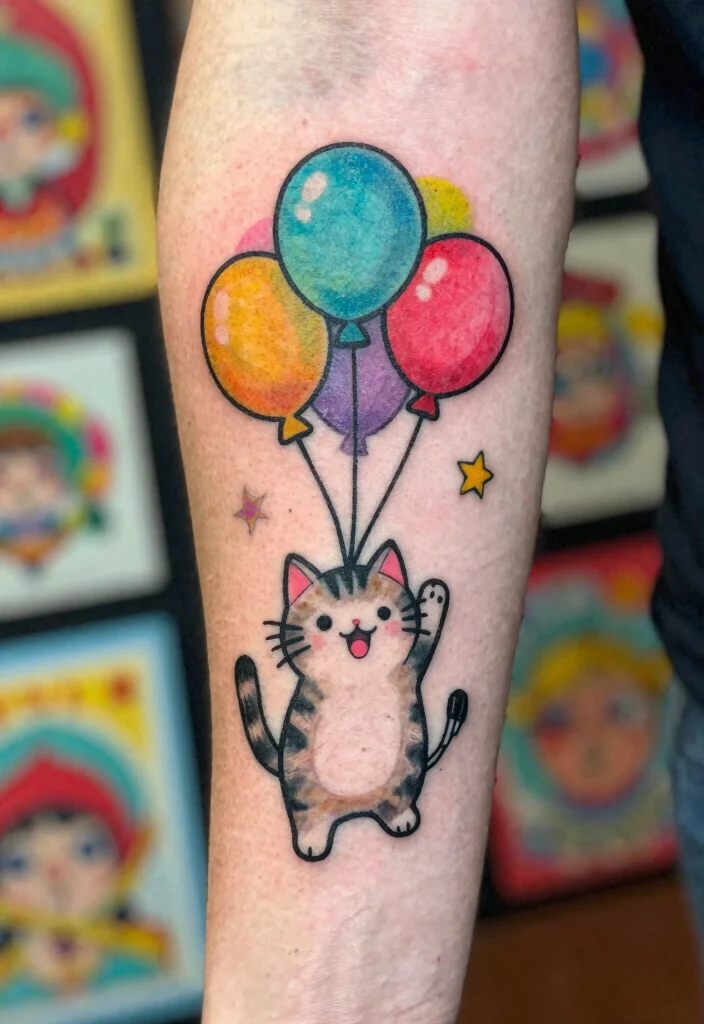 15 Traditional Cat Tattoo Ideas With Vintage Charm - 9. Whimsical Cat with Balloons 1