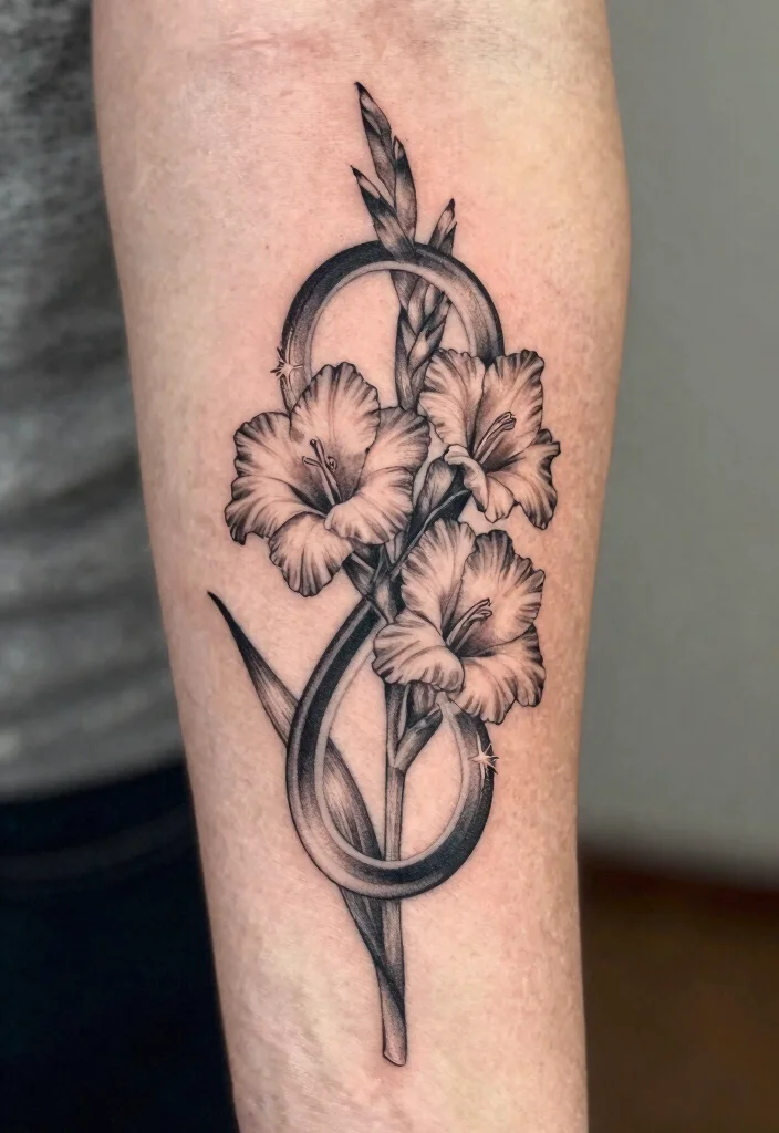16 August Flower Tattoo Ideas With Personal Meaning - 10. Gladiolus Infinity Symbol 1