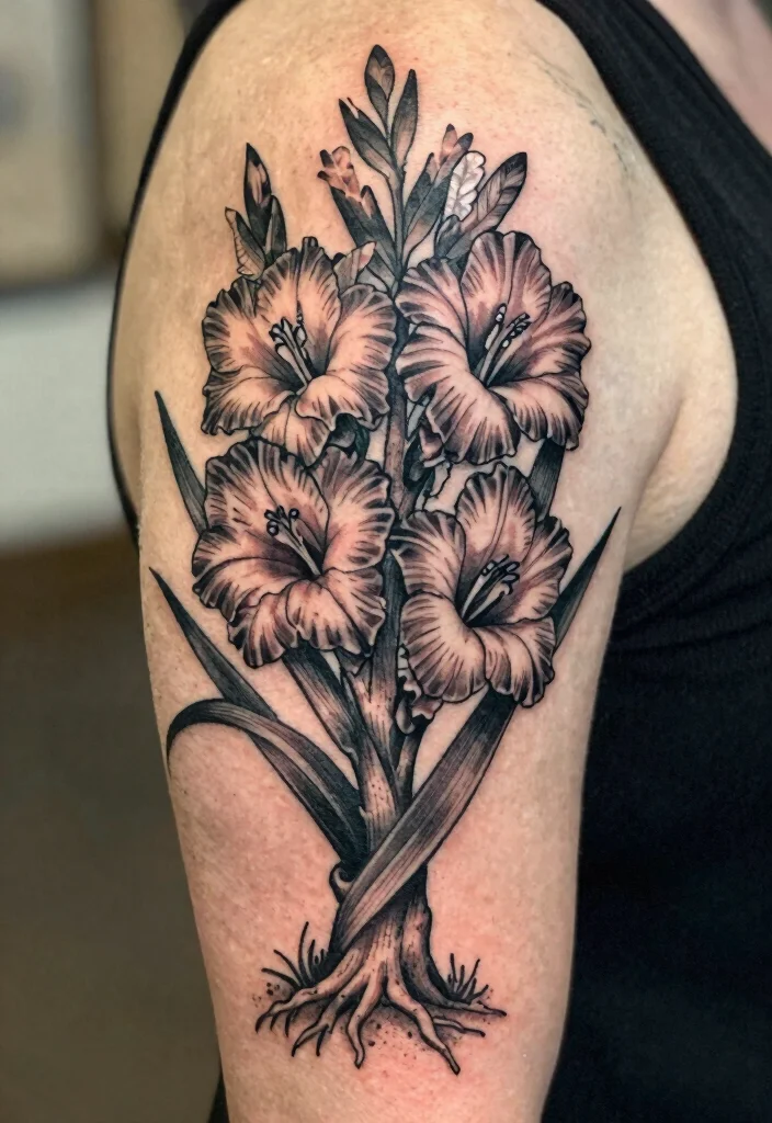 16 August Flower Tattoo Ideas With Personal Meaning - 11. Gladiolus and Family Tree 1