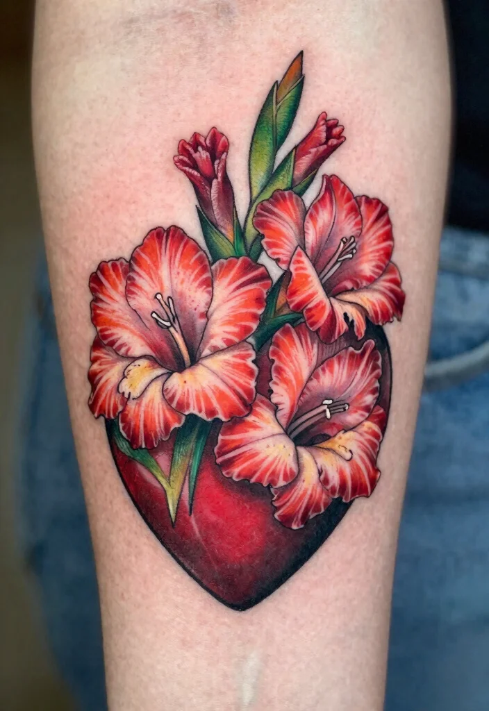 16 August Flower Tattoo Ideas With Personal Meaning - 12. Gladiolus on a Heart 1