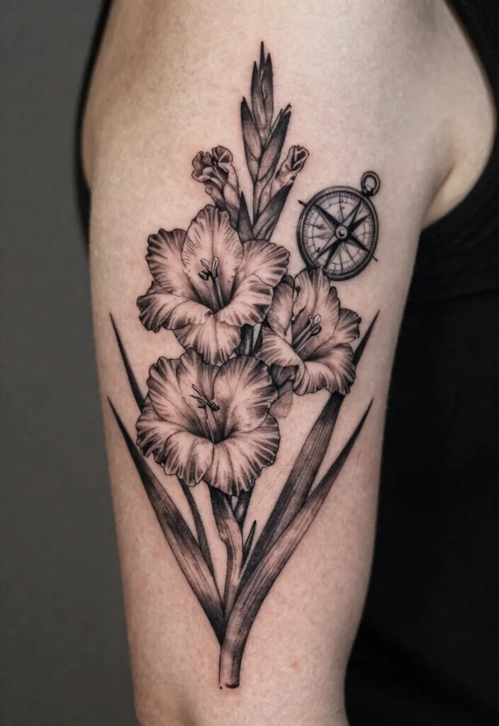 16 August Flower Tattoo Ideas With Personal Meaning - 15. Gladiolus with Personal Symbol 1