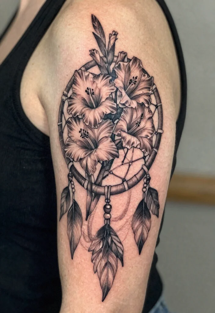 16 August Flower Tattoo Ideas With Personal Meaning - 16. Gladiolus in a Dreamcatcher 1