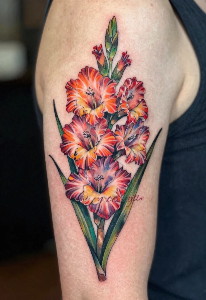 16 August Flower Tattoo Ideas With Personal Meaning - 3. Gladiolus with Personal Quote 1
