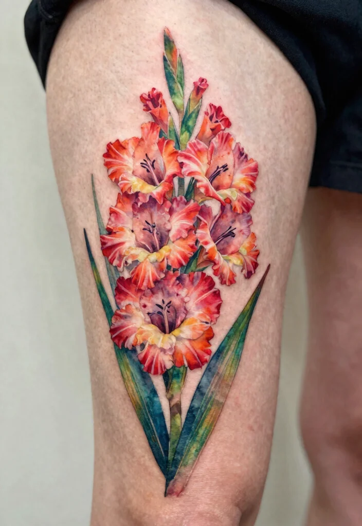 16 August Flower Tattoo Ideas With Personal Meaning - 4. Watercolor Gladiolus 1