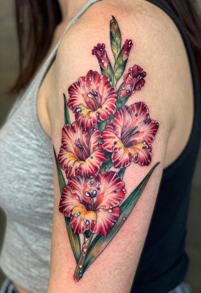 16 August Flower Tattoo Ideas With Personal Meaning - 6. Gladiolus and Gemstones 1