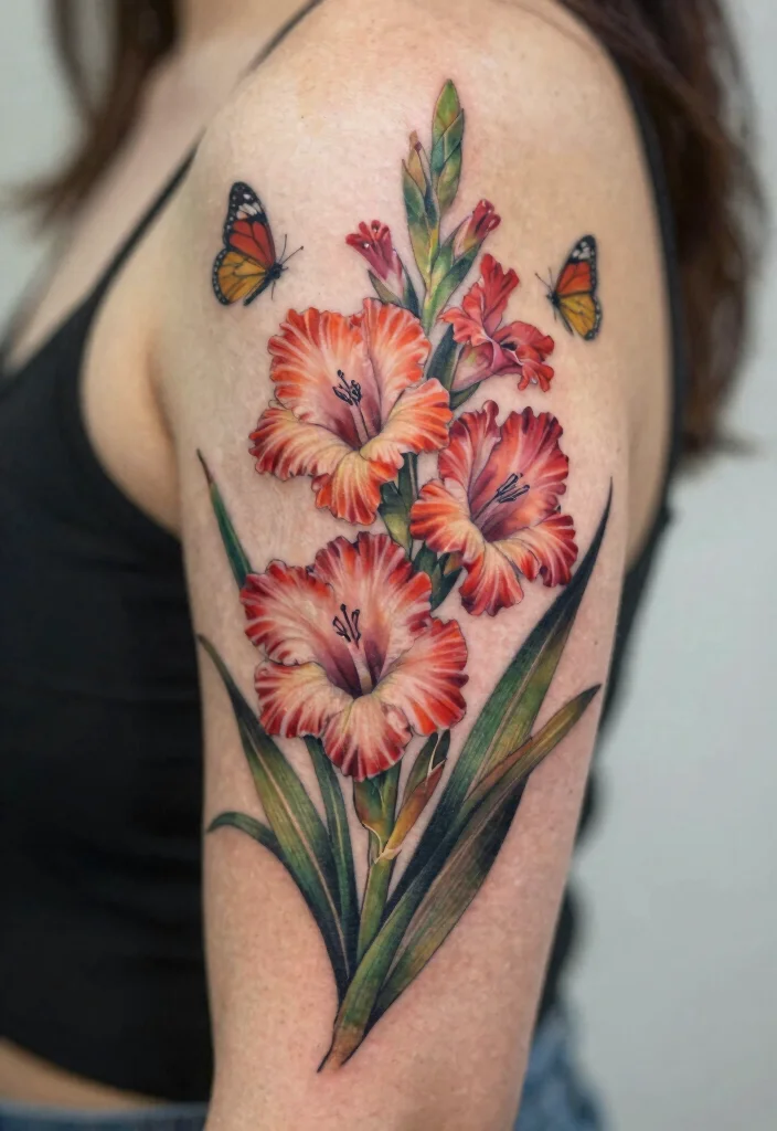 16 August Flower Tattoo Ideas With Personal Meaning - 8. Gladiolus and Nature Elements 1